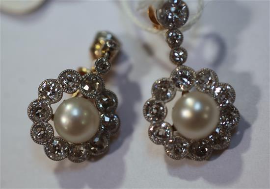 A pair of gold and platinum, cultured pearl and diamond cluster drop earrings, 1in.